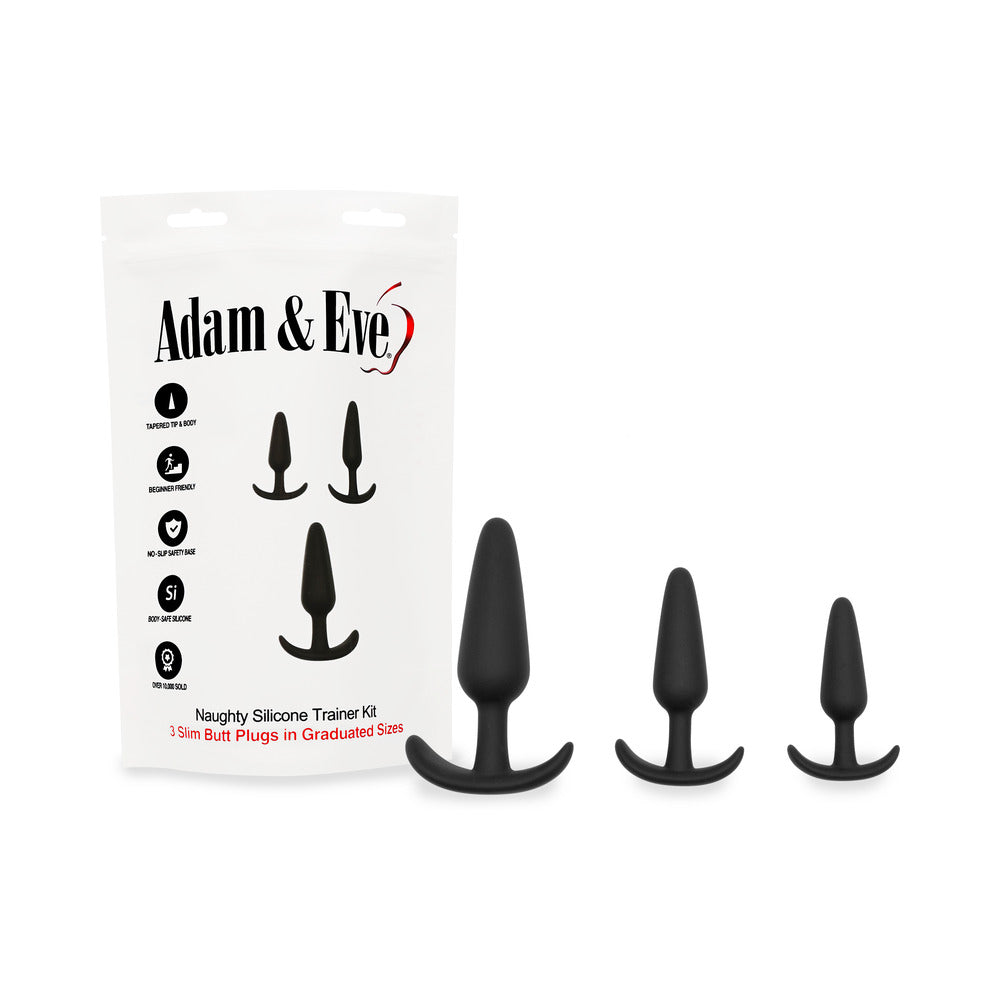 Adam & Eve Naughty Silicone Anal Trainer Kit Black showcasing three graduated butt plugs in black.