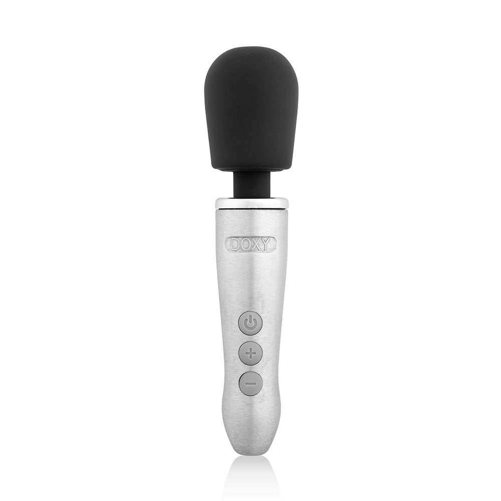 Doxy Go Travel-sized Wand Massager Silver with sleek silver design and black head.