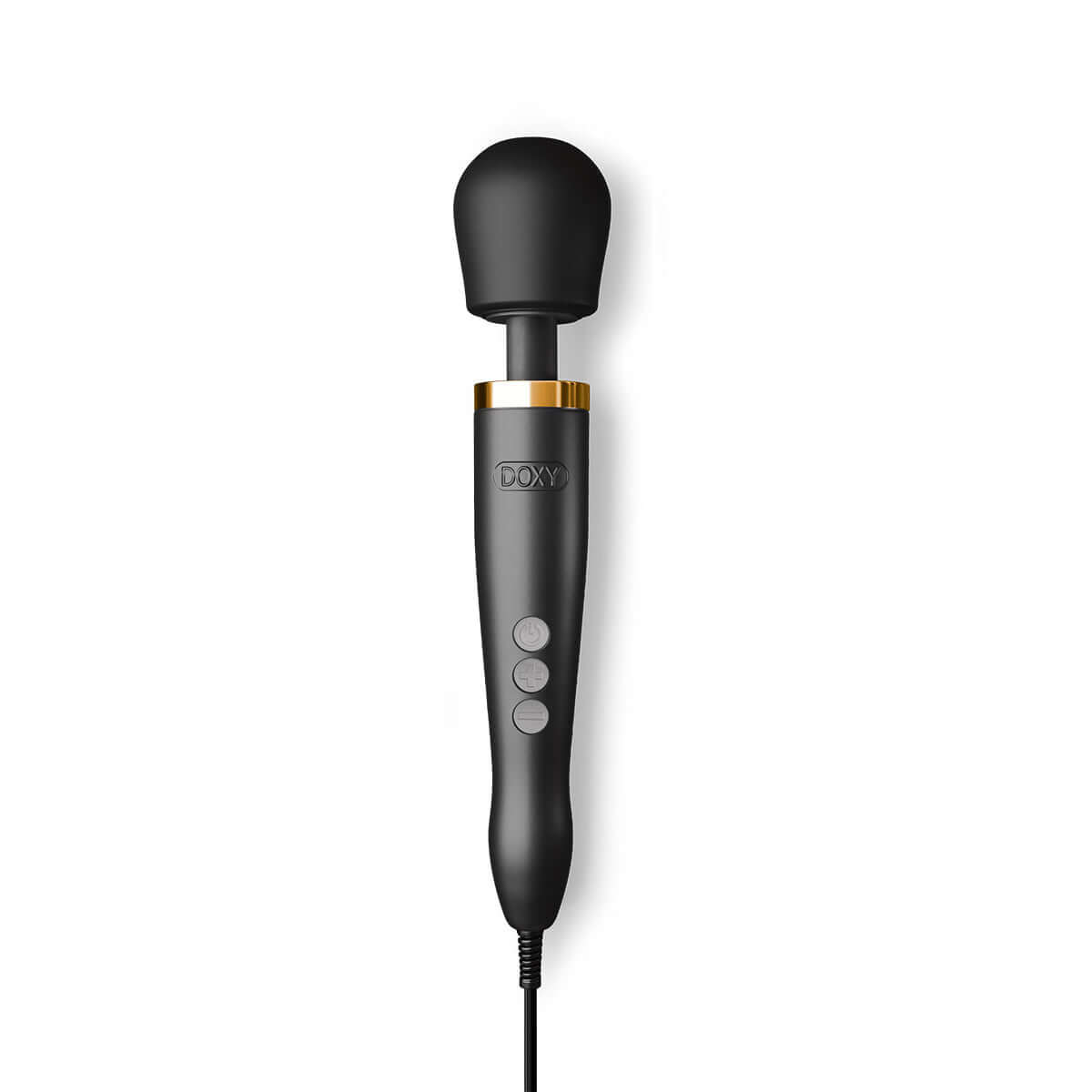 Doxy Die Cast Wand Matte Black & 24k Gold features a sleek design with a matte black body and 24k gold collar.