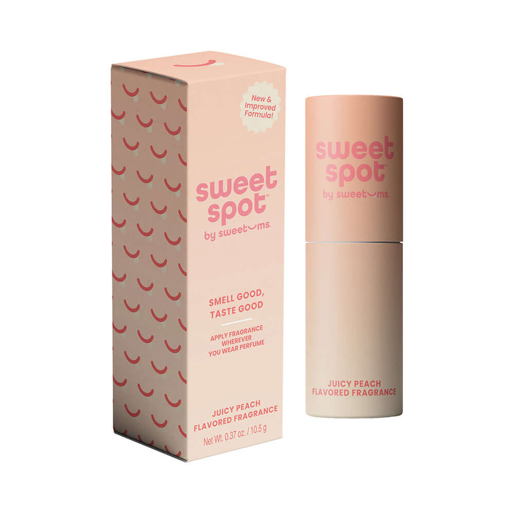 Sweetums Sweet Spot Flavored Fragrance Juicy Peach solid fragrance stick in packaging with playful design.