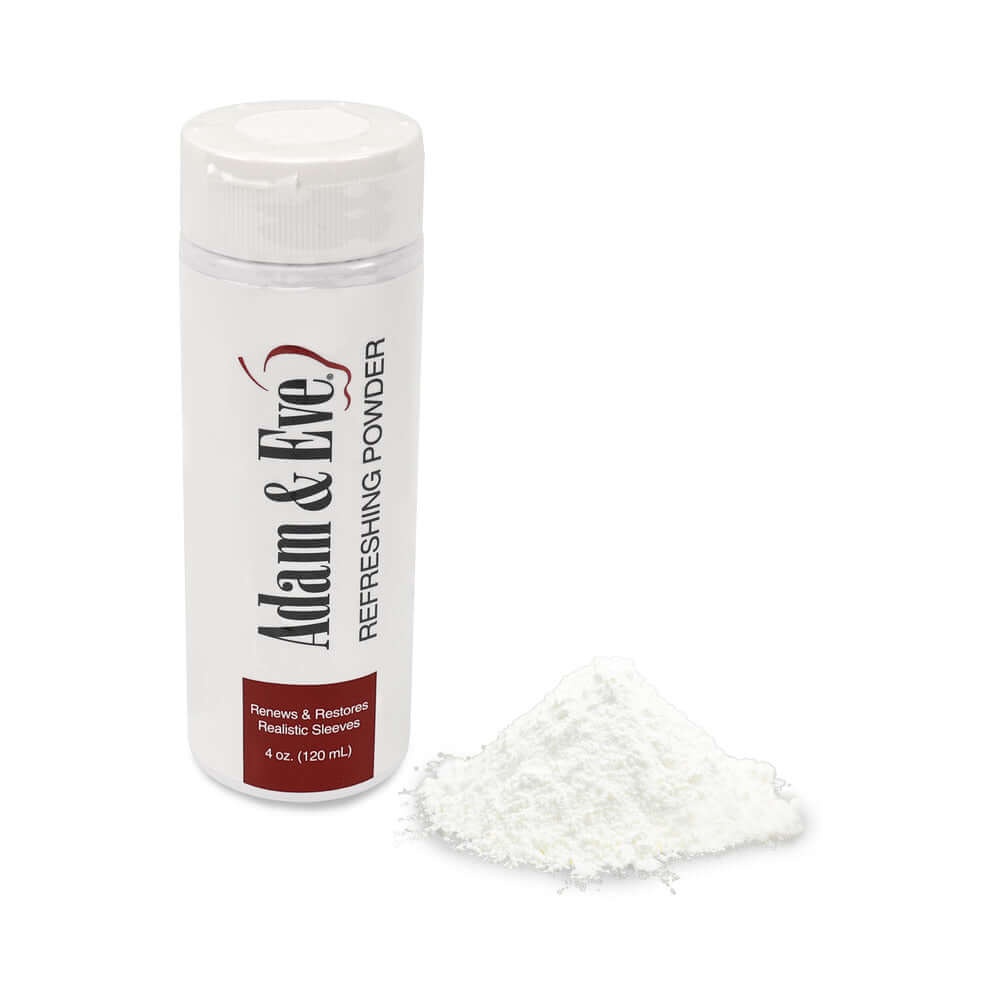 Adam & Eve Renewing Powder 4 Oz bottle beside a pile of powder, designed for maintaining personal wellness products.
