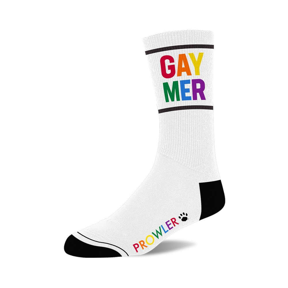 Prowler Gaymer Socks showcasing colorful 'GAYMER' text on a white background, perfect for gaming enthusiasts.