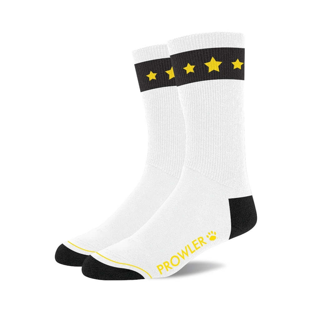 Prowler Gold Star Socks featuring black and yellow star design on white fabric for bold style and comfort.