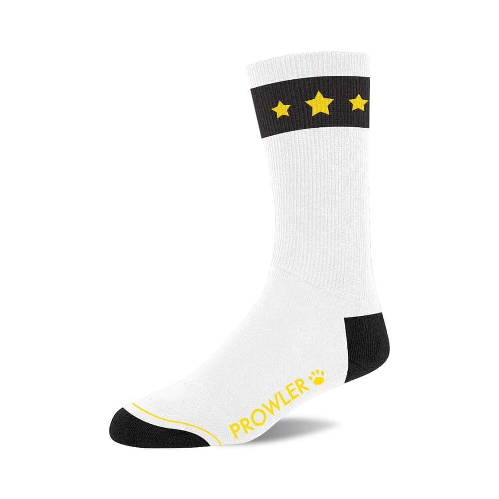 Prowler Gold Star Socks featuring black and yellow star design with Prowler branding on a white background.