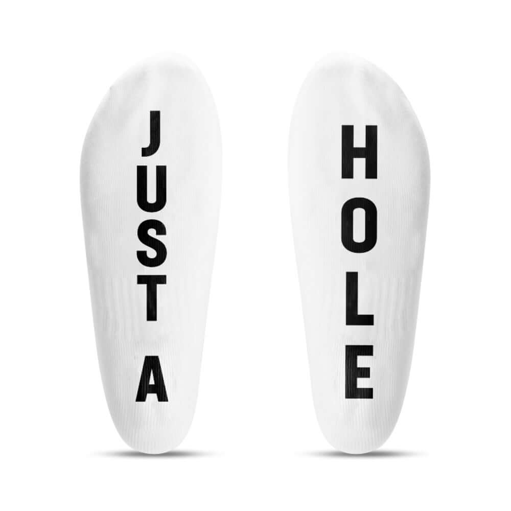 Prowler Red Ankle Sock Just A Hole with bold text 'JUST A HOLE' on white fabric