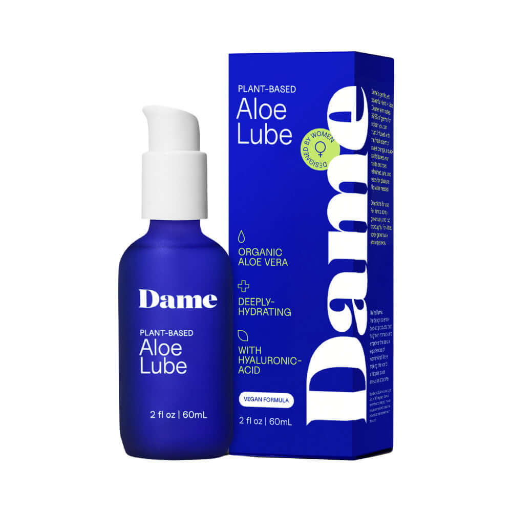 Dame Aloe Lube Personal Lubricant 2 Oz bottle with packaging, featuring organic aloe vera and hydrating formula.
