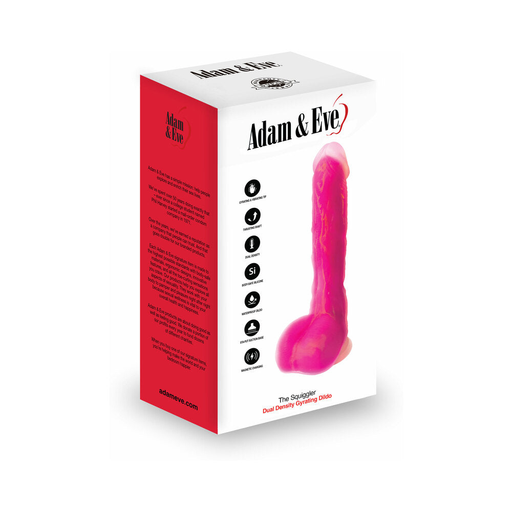 Adam & Eve The Squiggler Dual Density Gyrating Dildo packaging featuring a vibrant pink design and detailed product information.