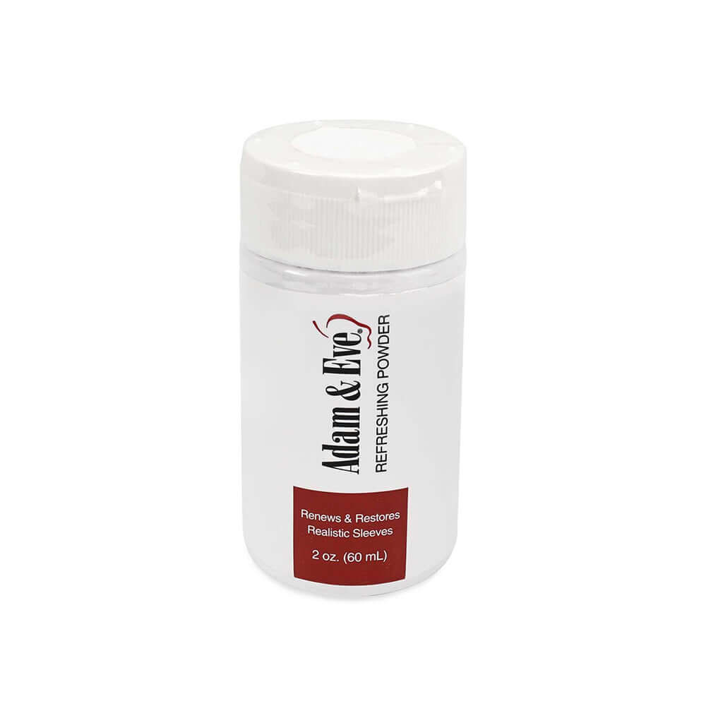 Adam & Eve Renewing Powder 2 Oz bottle for maintaining soft, realistic feel of personal wellness products.