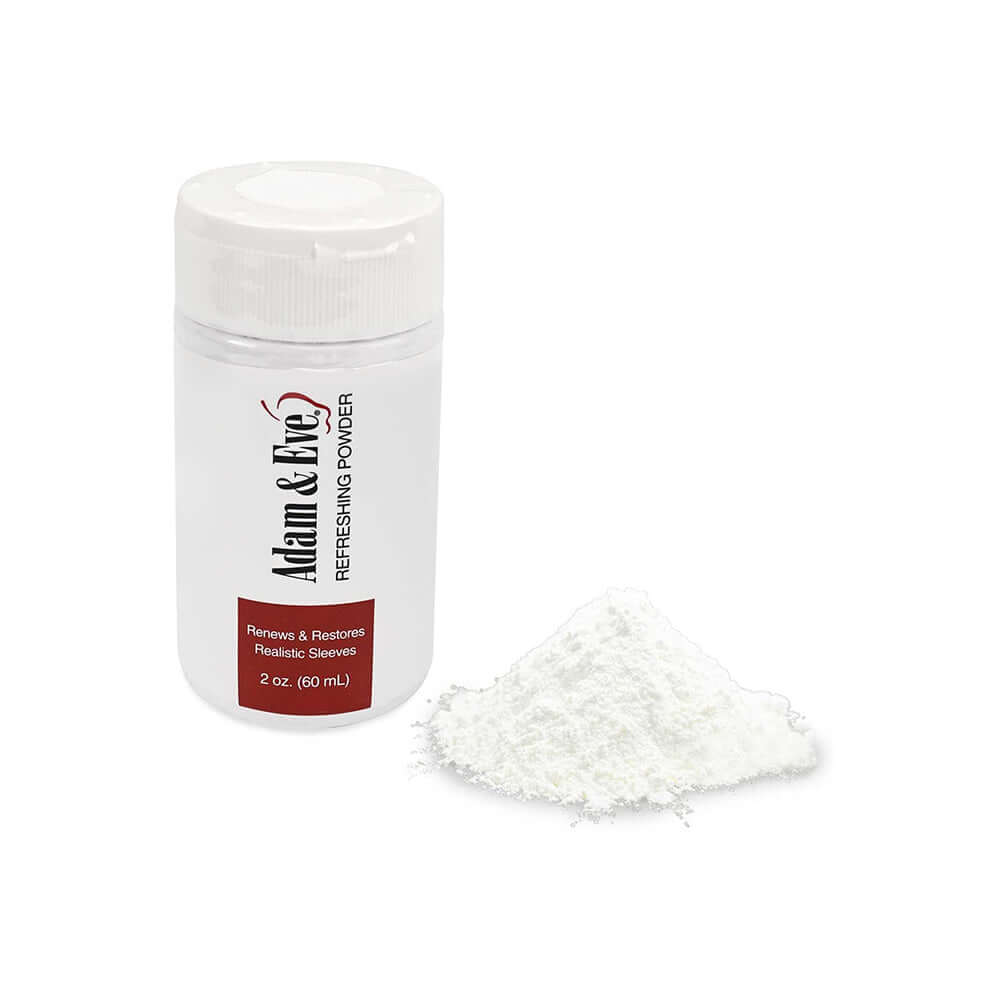 Adam & Eve Renewing Powder 2 Oz in a container with powder pile, designed for maintaining lifelike product texture.