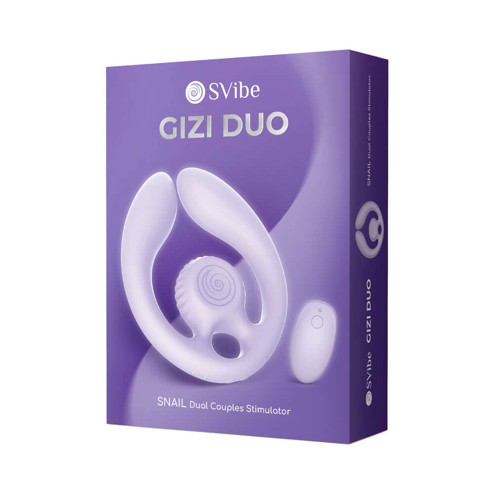 Svibe Snail Gizi Duo Couples Stimulator Lilac packaging with product displayed on a purple background.
