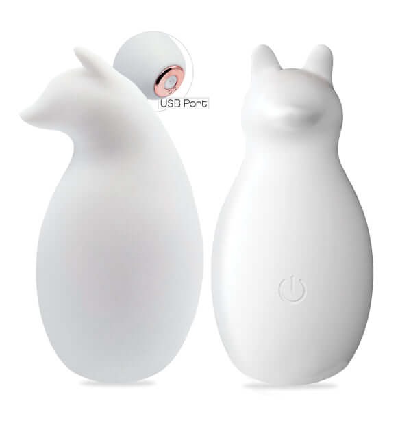 Buzzy Buddies Sexy Like a Fox clitoral stimulator in white, featuring USB port and ten vibrational patterns.