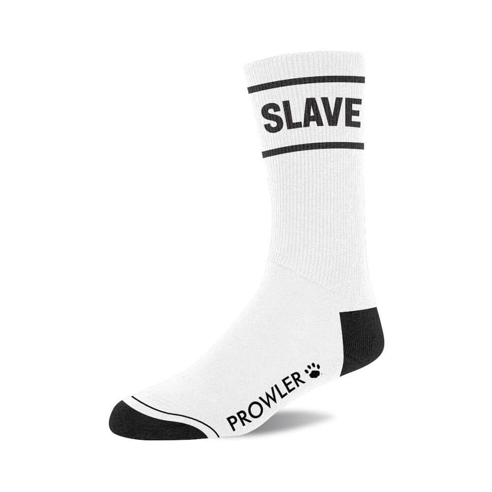 Prowler Red Slave Socks featuring bold 'SLAVE' text and Prowler branding in classic black-and-white design.