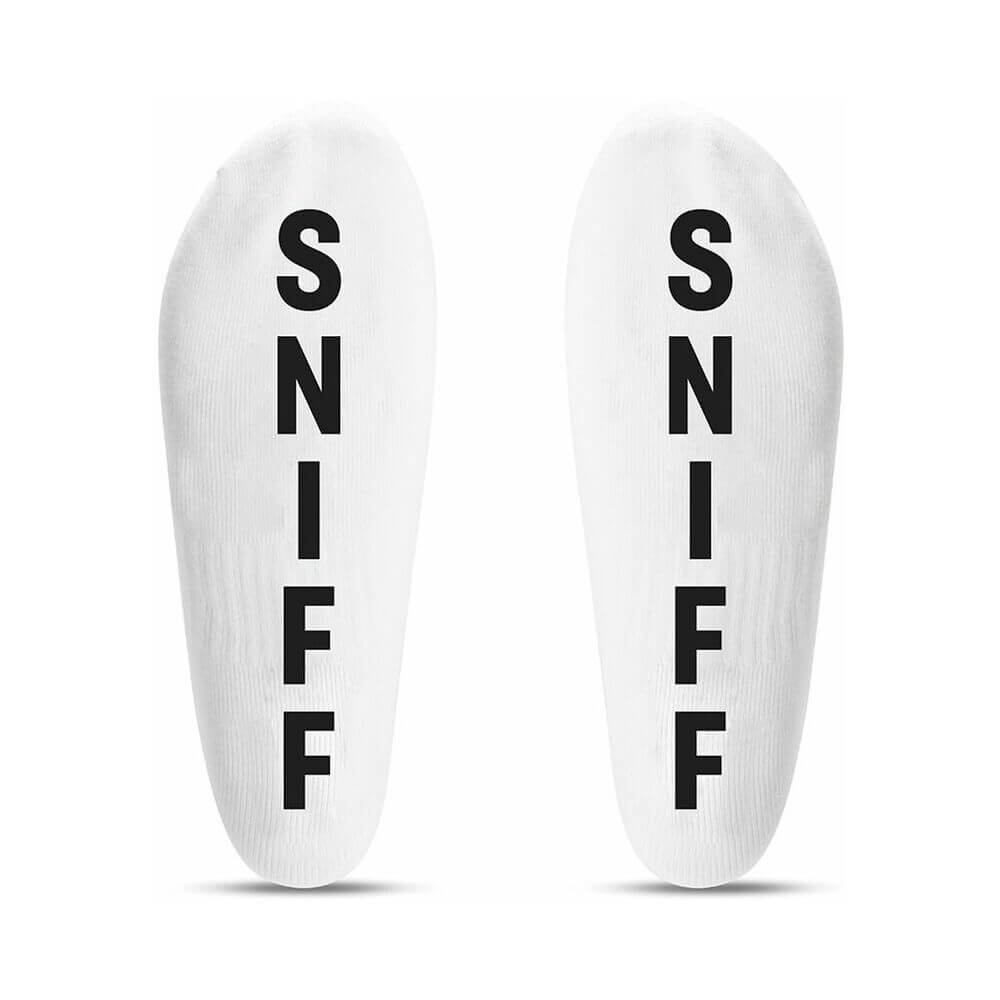 Prowler Red Sniff Ankle Socks with bold 'SNIFF' text on a white background showcasing unique design.