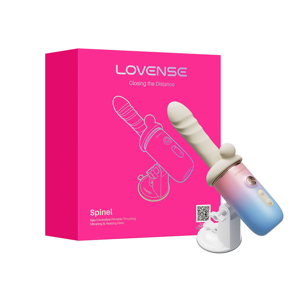 Lovense Spinel Portable Thrusting Vibrating & Heating Dildo with packaging and device