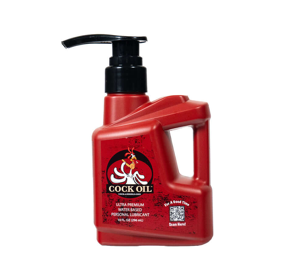 Cock Oil Water-based Lubricant Pump Bottle 10 Oz with a red container and pump for easy application.
