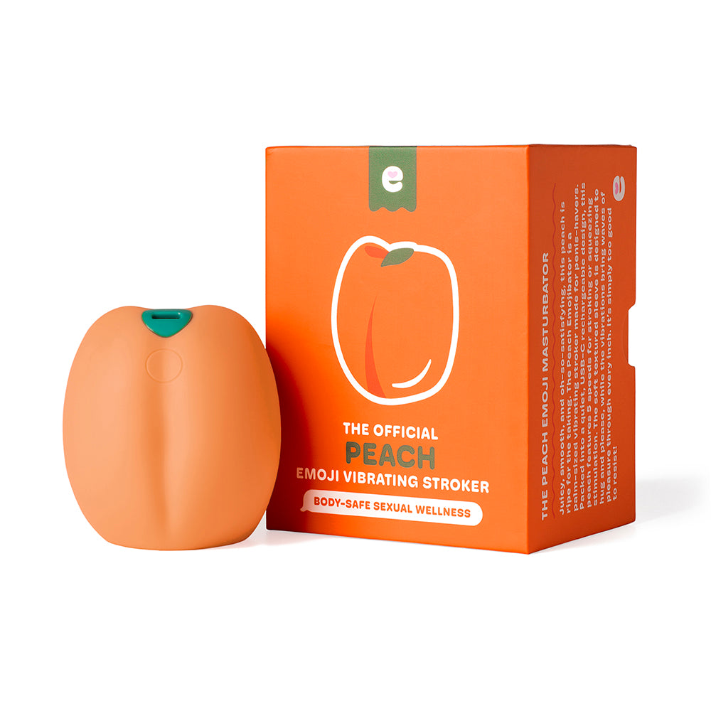 Emojibator Peach Vibrating Stroker in packaging, showcasing its compact design and peach-inspired look.