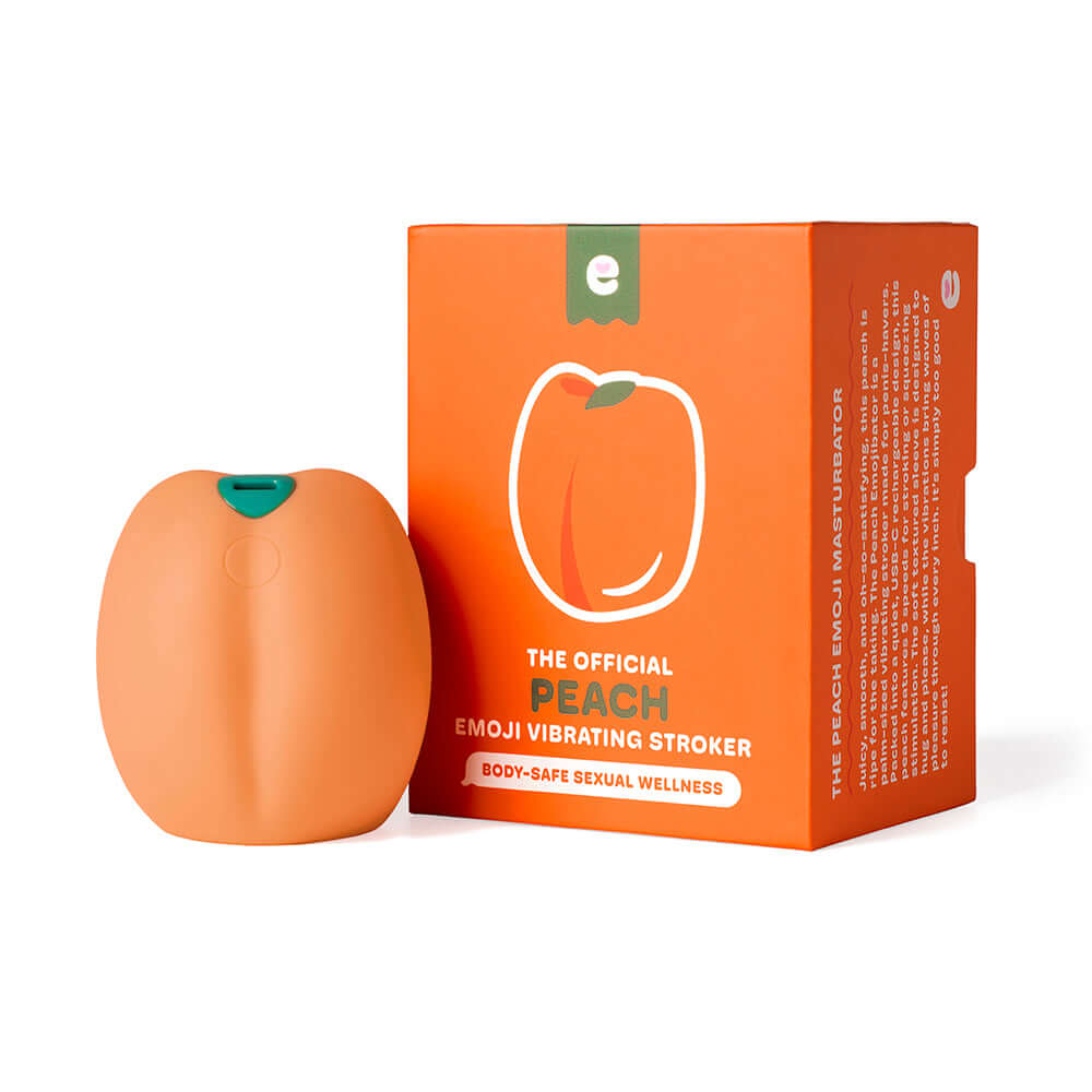 Emojibator Peach Vibrating Stroker in packaging, showcasing its compact design and peach-inspired look.