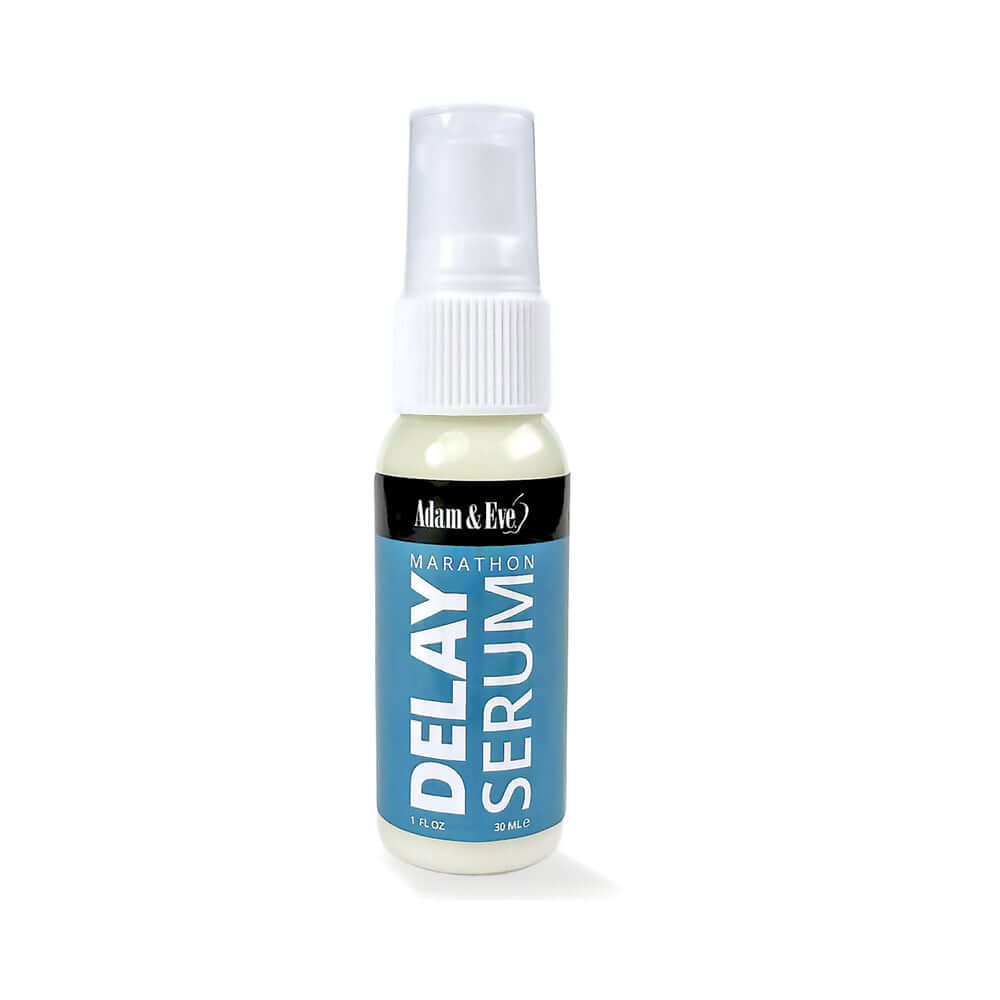 Adam & Eve Marathon Delay Spray bottle with blue label and spray top, 1 fl oz, for extending intimate experiences.