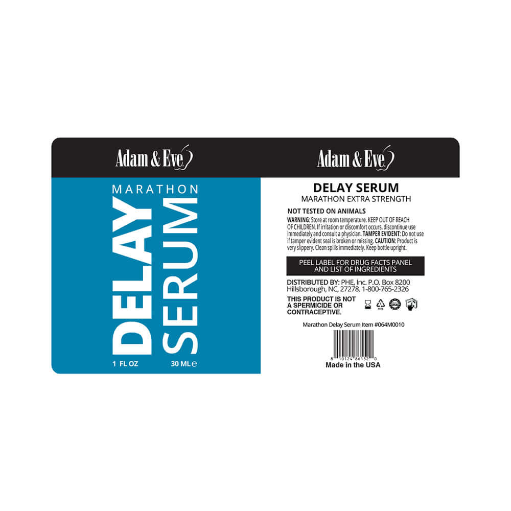 Adam & Eve Marathon Delay Spray product label featuring maximum strength performance serum details.