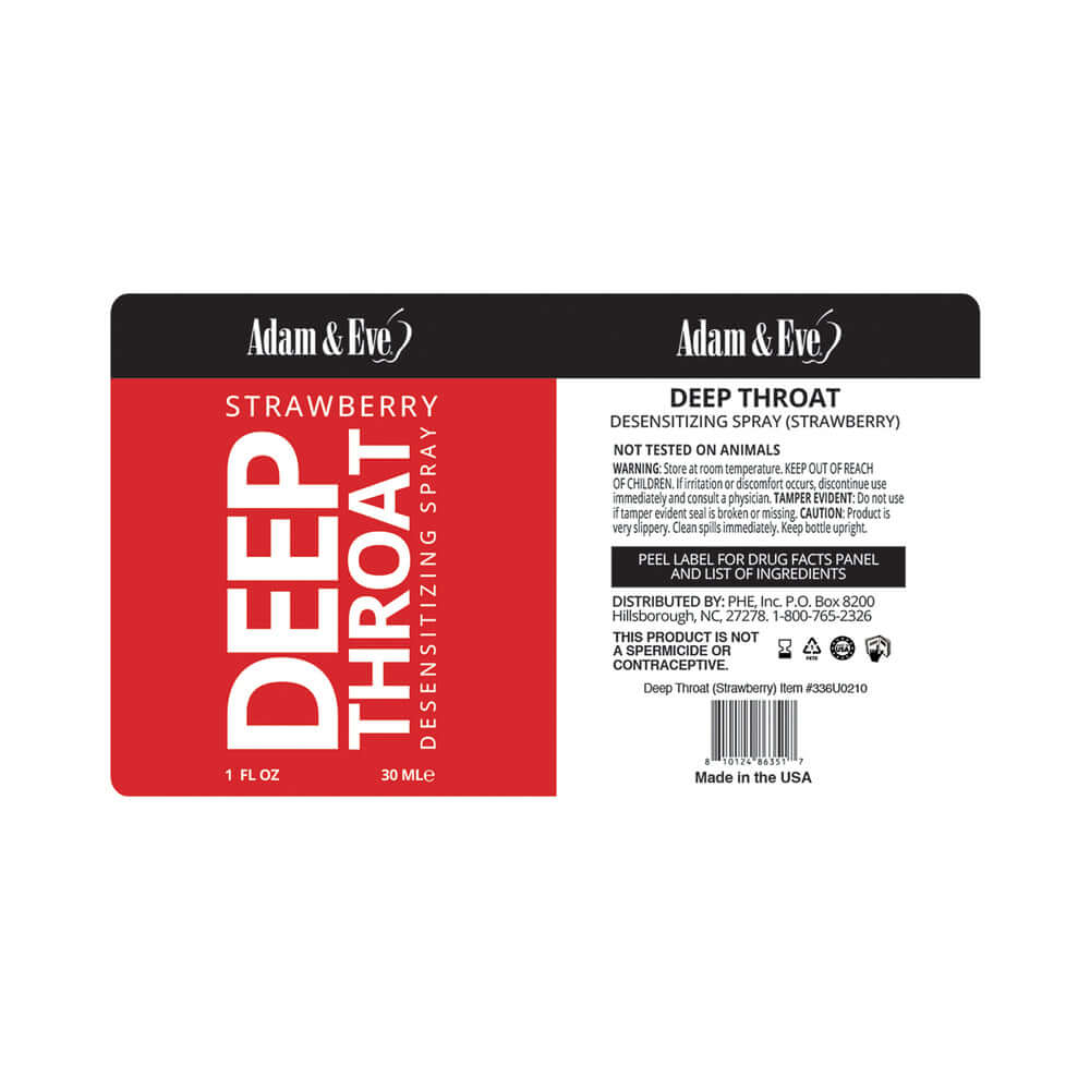 Adam & Eve Deep Throat Desensitizing Spray Strawberry product label with instructions and details.