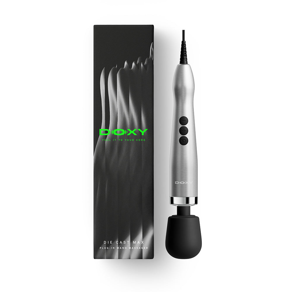 Doxy Die Cast Max Plug-in Wand Massager Silver with sleek design and packaging, showcasing power and control.