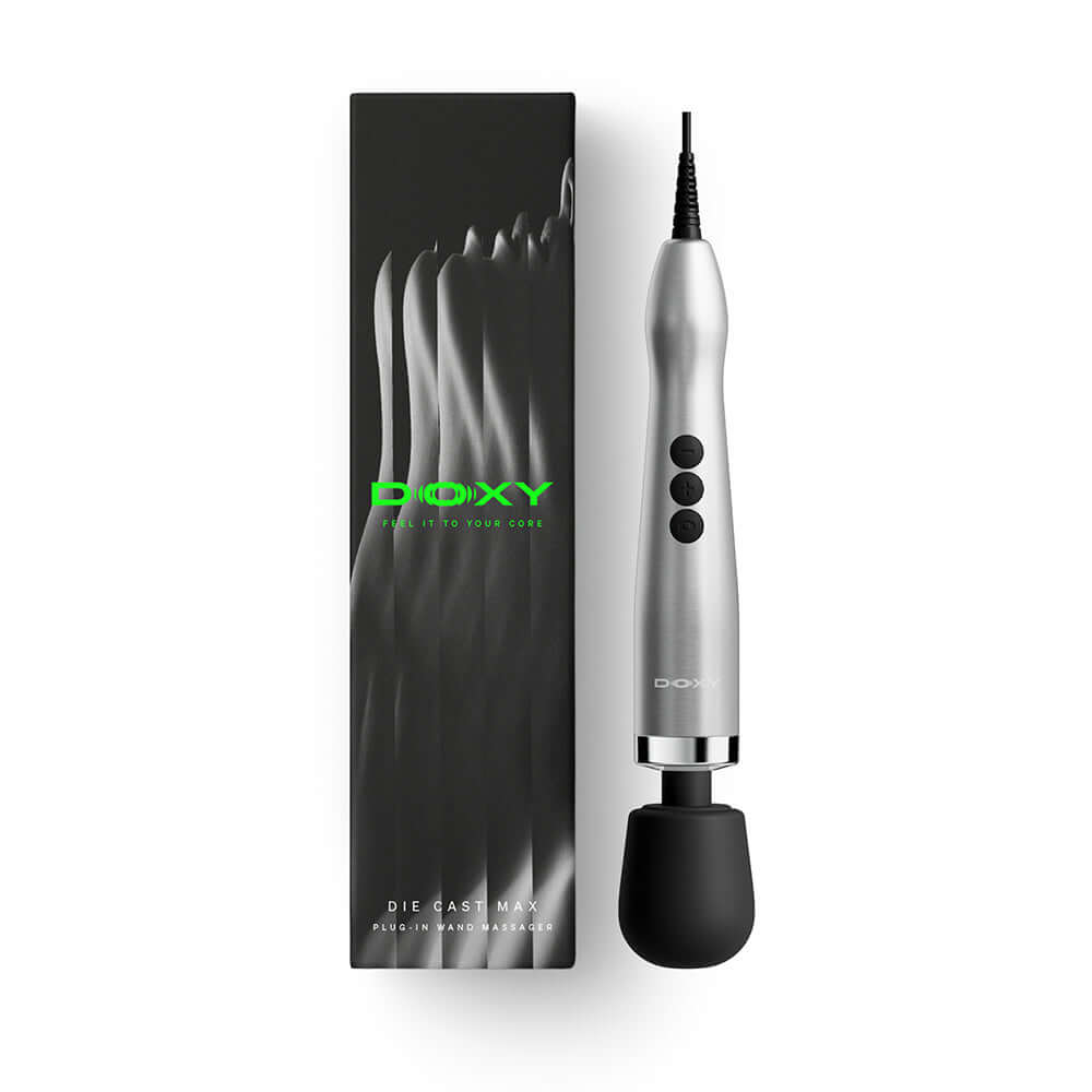 Doxy Die Cast Max Plug-in Wand Massager Silver with sleek design and packaging, showcasing power and control.