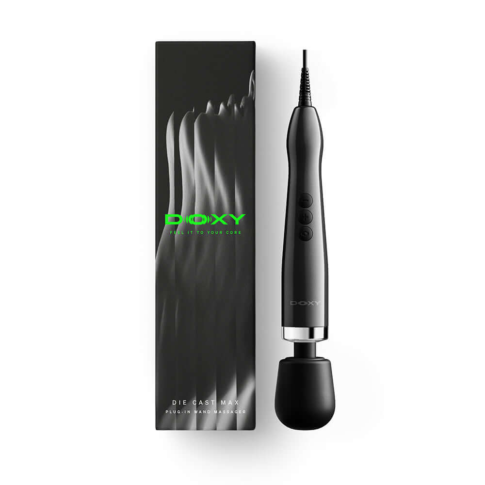 Doxy Die Cast Max Plug-in Wand Massager Black with box, showcasing its sleek design and features.