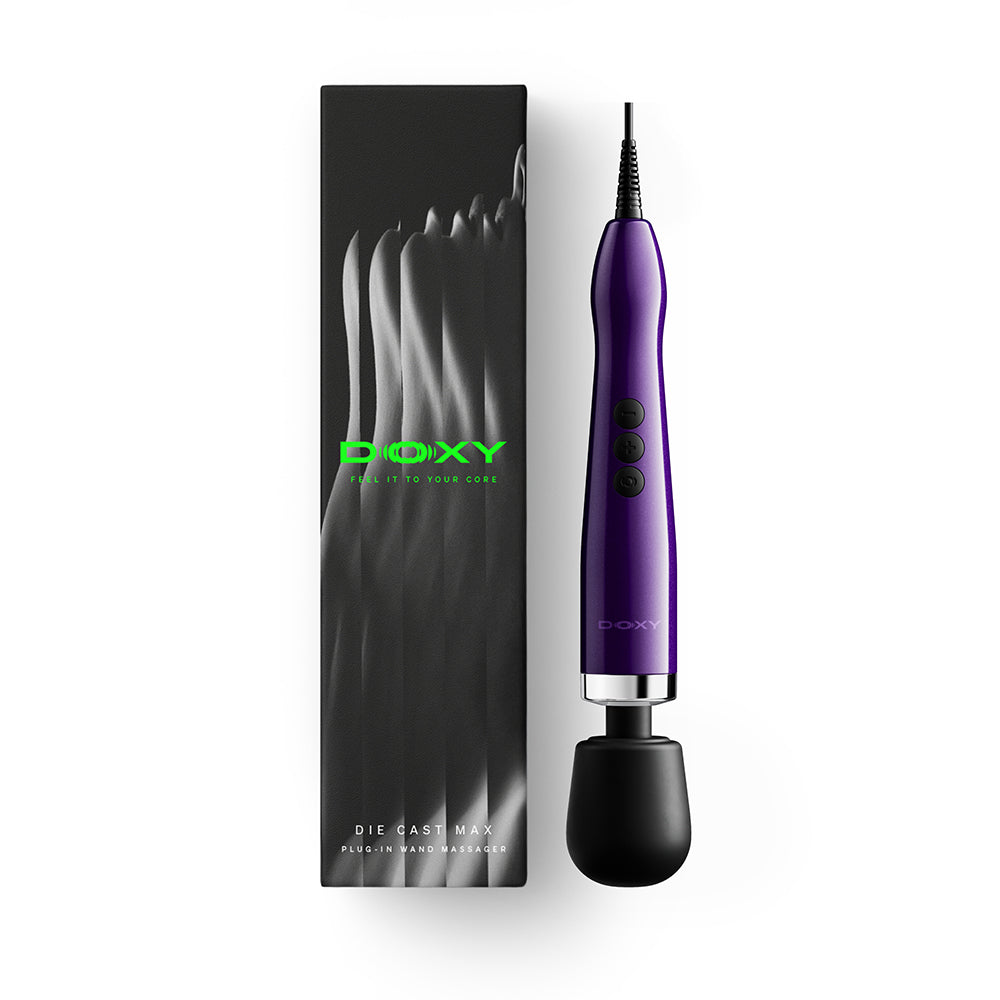 Doxy Die Cast Max Plug-in Wand Massager Purple with sleek design and packaging, delivering powerful performance.