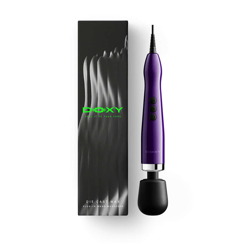 Doxy Die Cast Max Plug-in Wand Massager Purple with sleek design and packaging, delivering powerful performance.