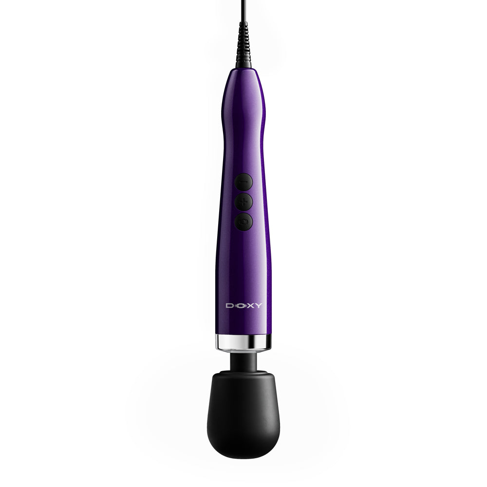 Doxy Die Cast Max Plug-in Wand Massager Purple showcasing its sleek design and powerful performance.
