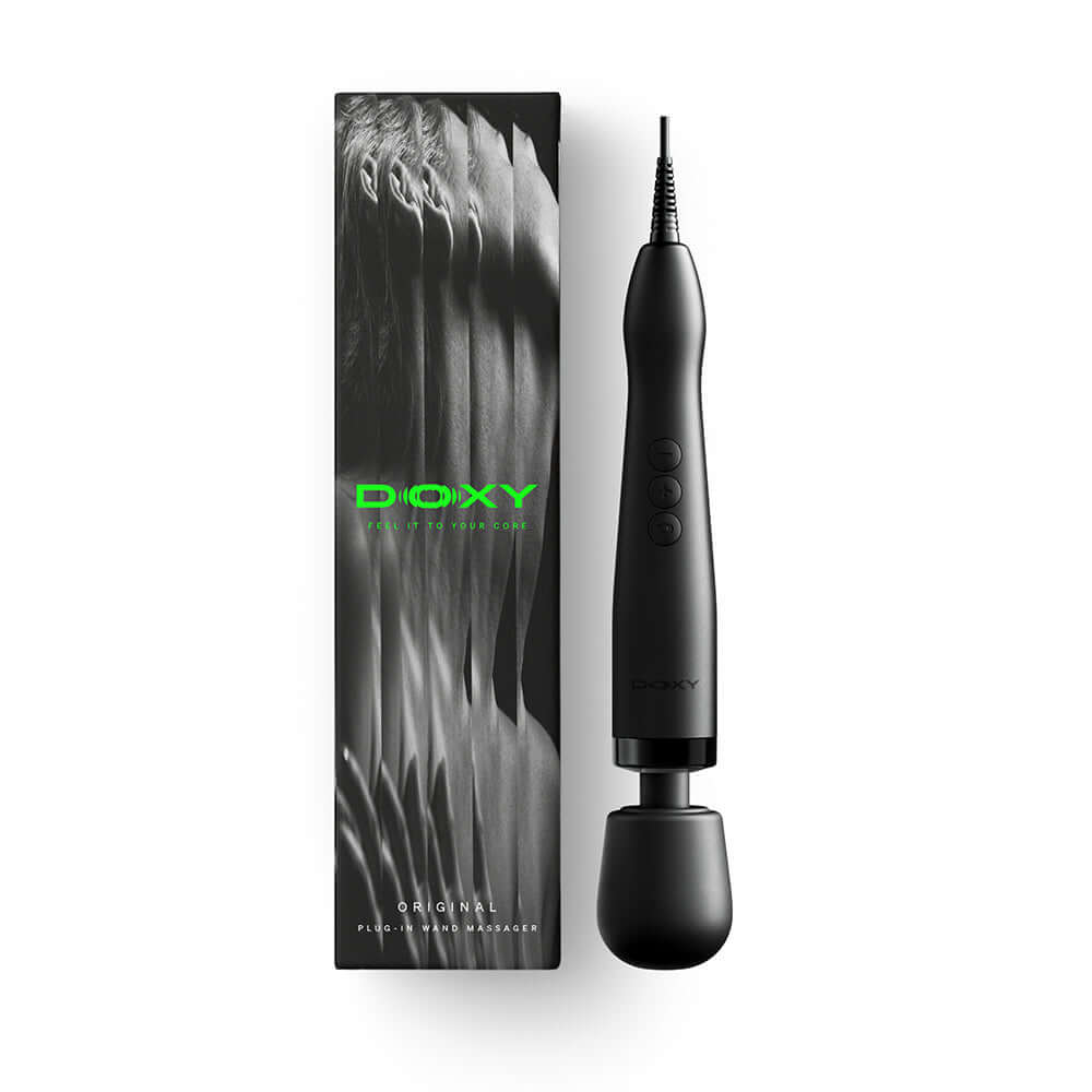 Doxy Original Wand Massager Black with packaging, showcasing its sleek design and powerful performance.
