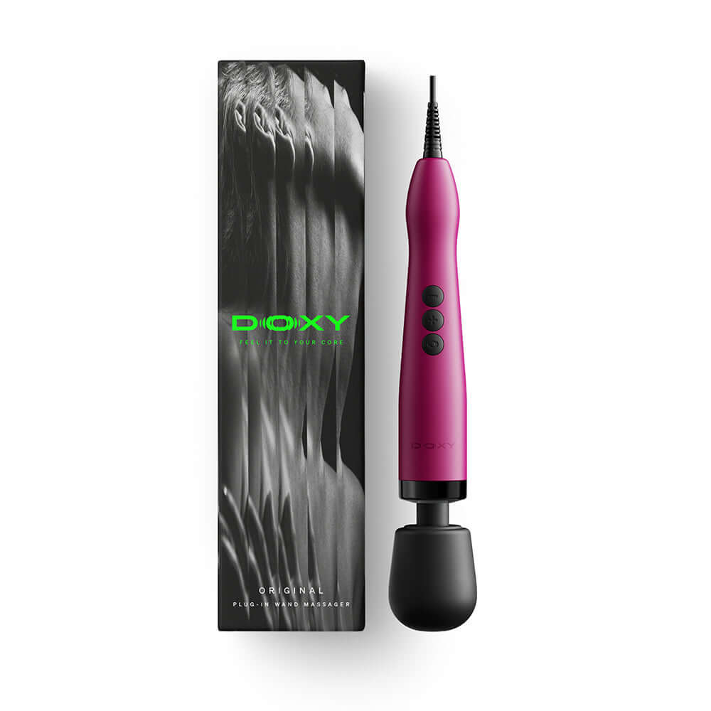 Doxy Original Wand Massager Pink shown with sleek packaging and ergonomic design for satisfying use.