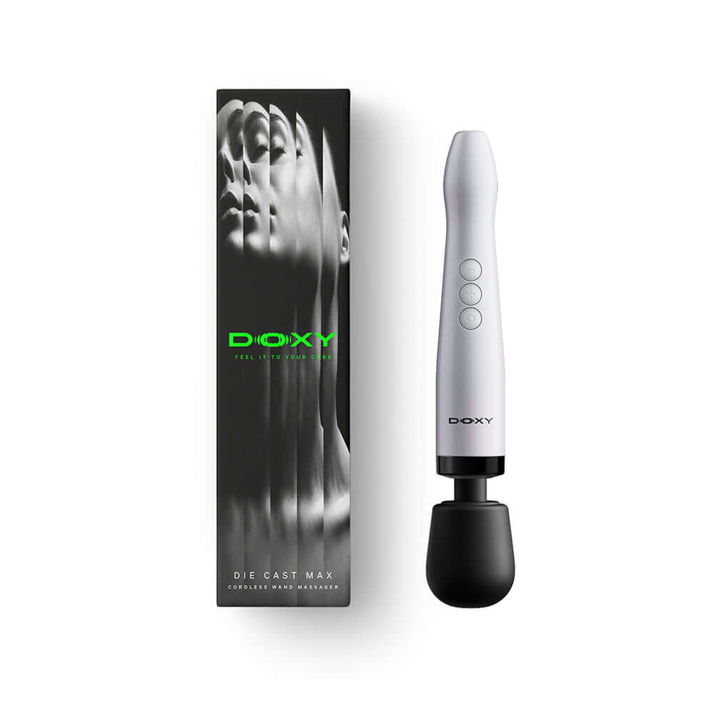 Doxy Die Cast Max Cordless Wand Massager White alongside its sleek packaging, showcasing powerful cordless performance.
