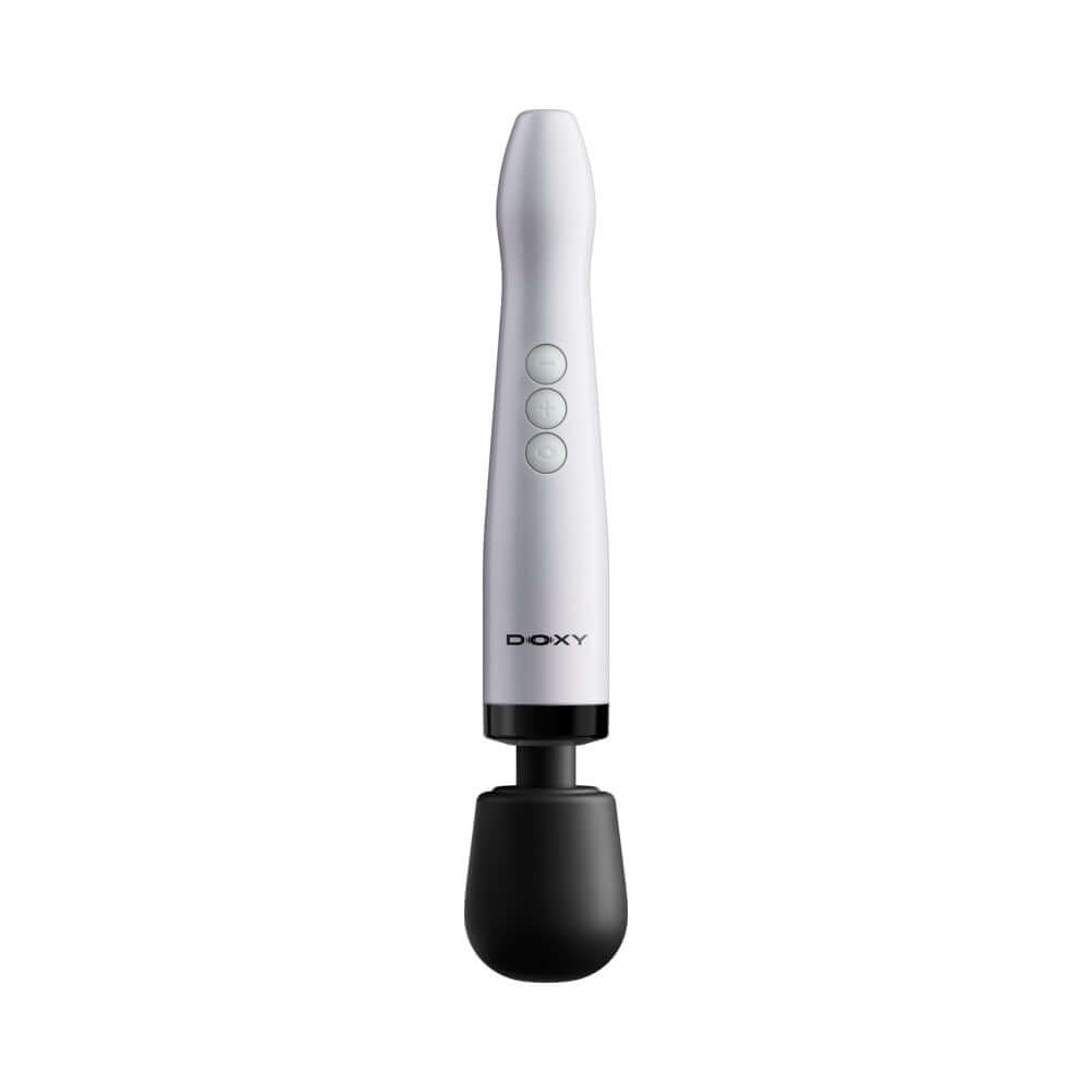 Doxy Die Cast Max Cordless Wand Massager White in a sleek design with control buttons and a soft rounded head.