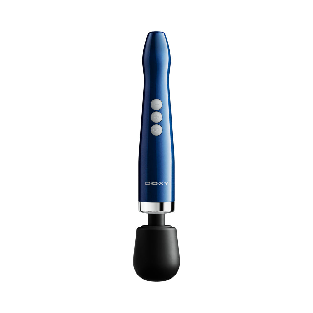 Doxy Die Cast Compact Cordless Wand Massager Blue in a sleek design with buttons for easy usage.