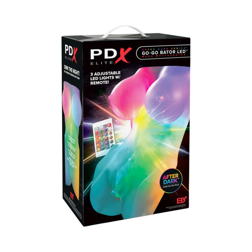 Pdx Elite Go-go Bator Led Mega Masturbator Frosted packaging featuring 3 adjustable LED lights with remote.