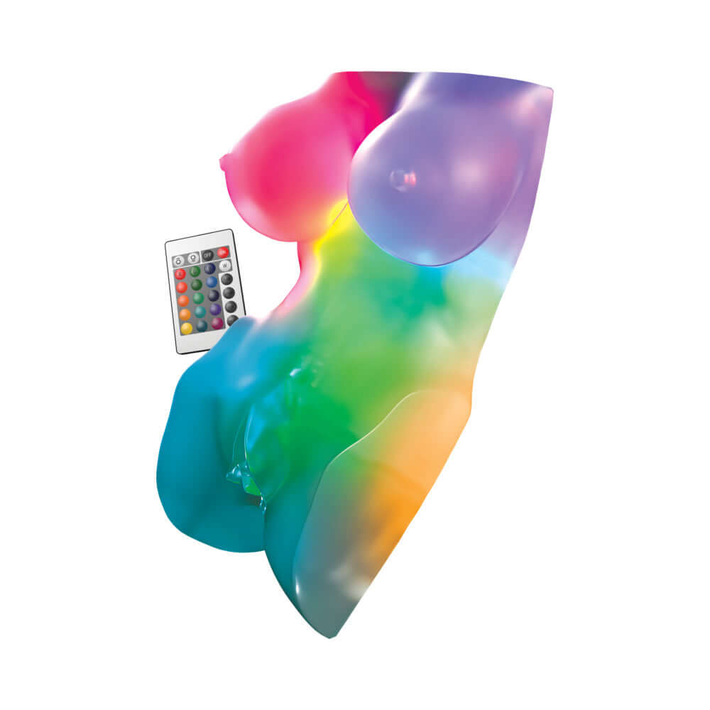 Pdx Elite Go-go Bator Led Mega Masturbator Frosted with colorful LED lighting and remote control for customizable experience.