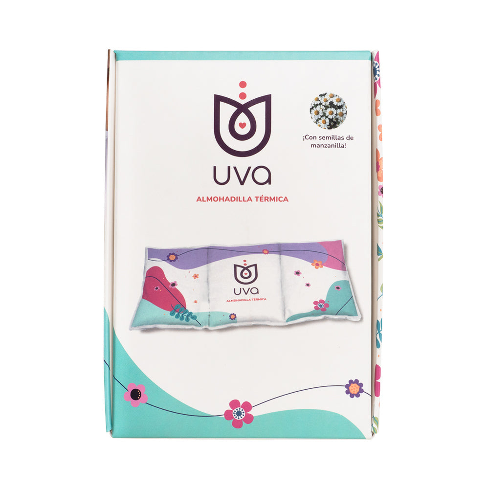 Packaging of Uva Warming Pad for Menstrual Cramps featuring colorful design and chamomile seeds.