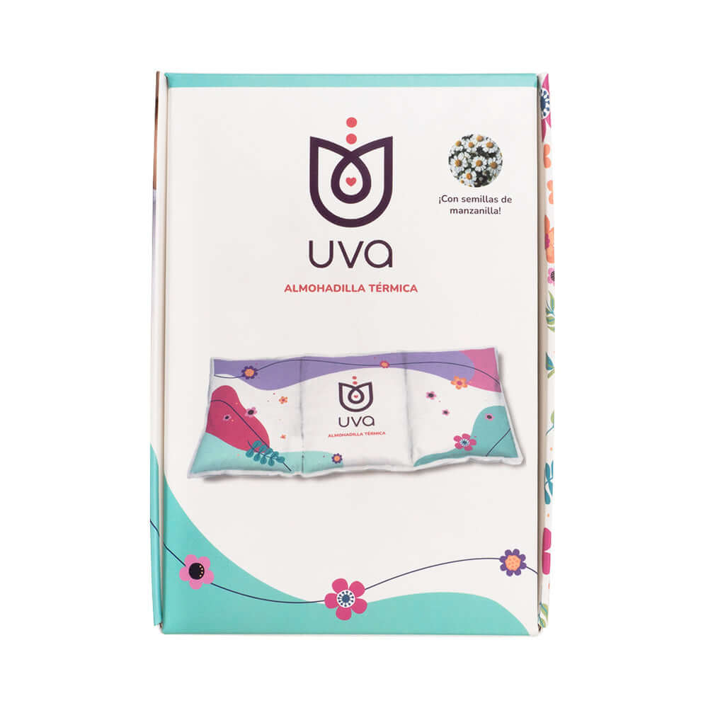 Packaging of Uva Warming Pad for Menstrual Cramps featuring colorful design and chamomile seeds.