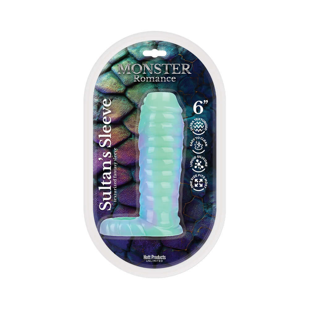 Monster Romance Sultans Sleeve Penis Sleeve With Scrotum Strap packaging featuring a blue-purple color scheme.