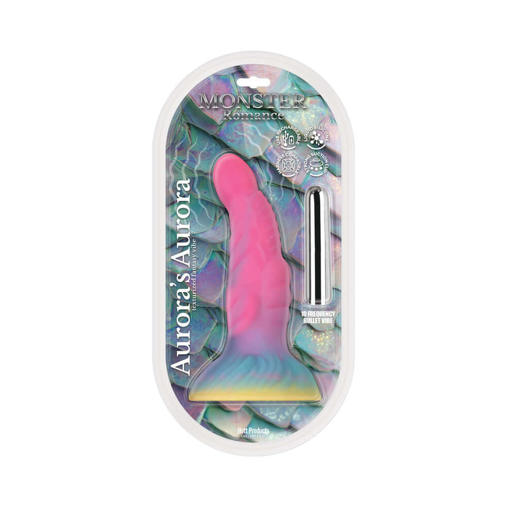Monster Romance Auroras Aura Dildo With Bullet, vibrant pink and blue fantasy design, includes a bullet vibrator.