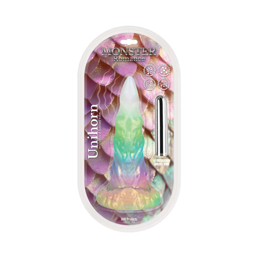 Monster Romance Unihorn Contoured Dildo With Bullet in packaging, featuring iridescent design and vibrating bullet.