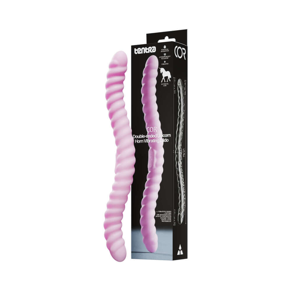 Tentra Cor Unicorn Horn Double-ended Vibrating Dildo Pink in packaging with flexible double-ended design.
