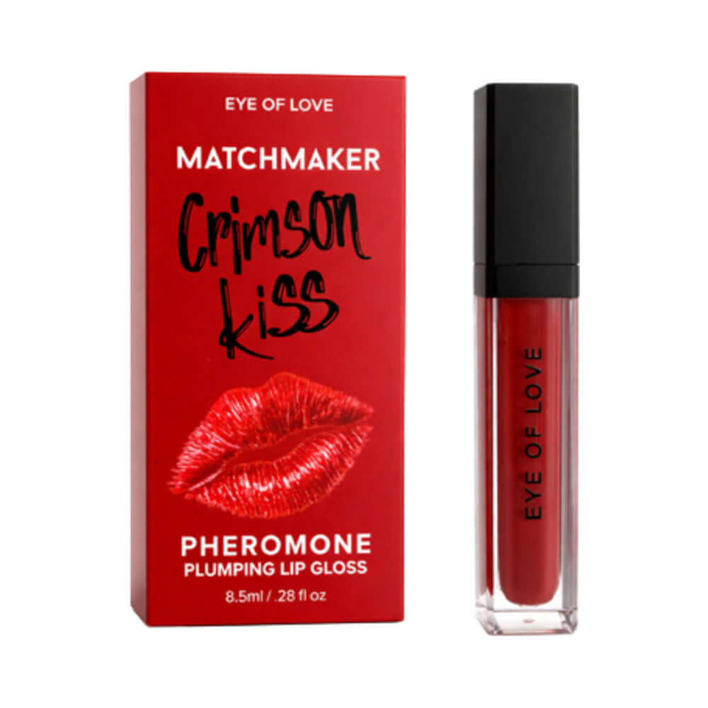 Eye Of Love Matchmaker Pheromone Plumping Lip Gloss Crimson Kiss packaging and gloss tube with vibrant color.