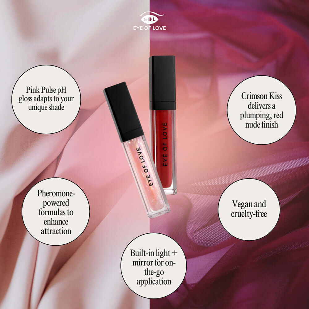 Eye Of Love Matchmaker Pheromone Ph Lip Stain Pink Pulse with gloss and features on a colorful background.