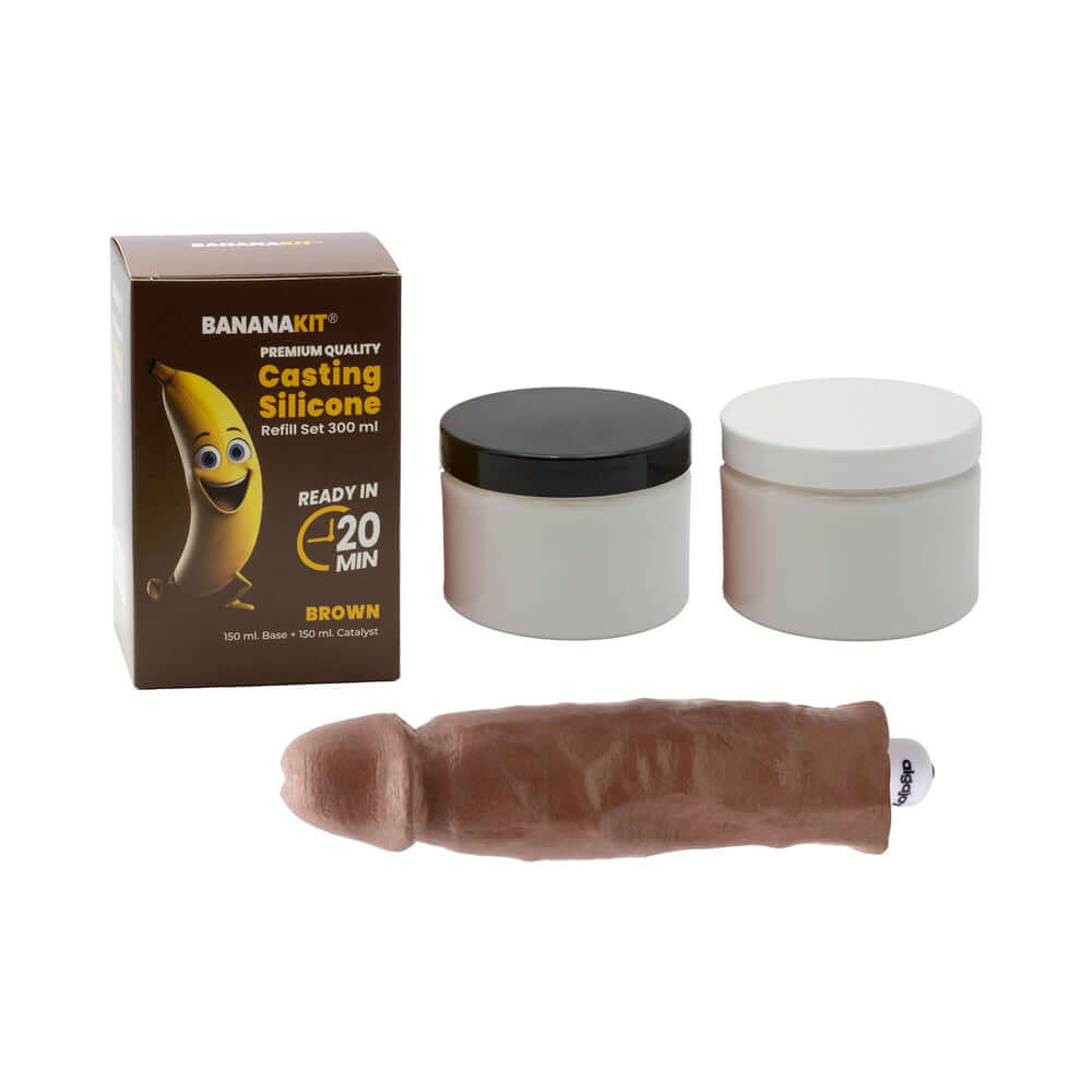Bananakit Casting Silicone Brown Refill Set featuring jars and a finished cast in warm brown color, ready in 20 minutes.