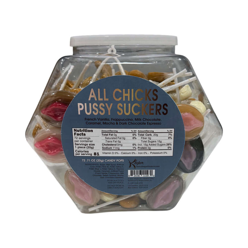 All Chicks Pussy Suckers 72 pc Bowl assortment with lollipops in a clear hexagonal container.
