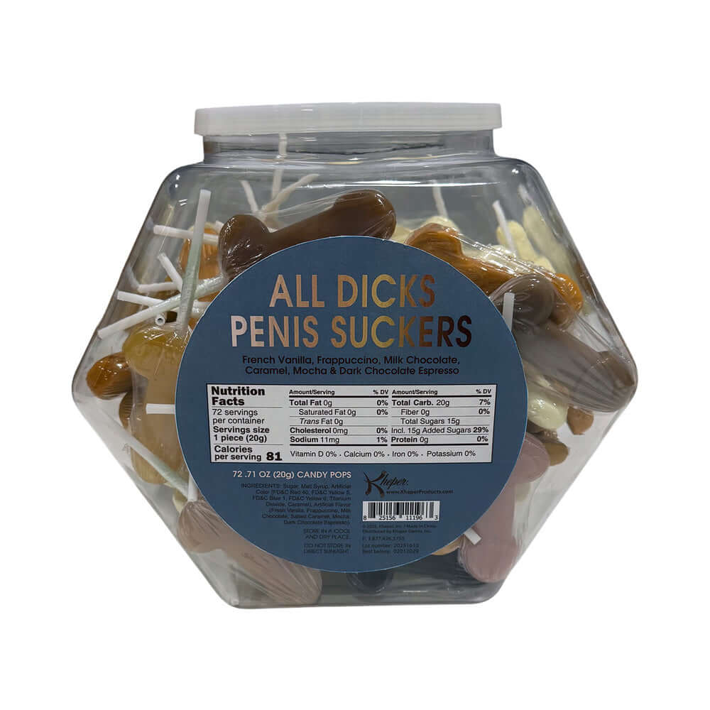 All Dicks Penis Suckers 72 pc Bowl - colorful novelty candy in hexagon display bowl for adult-themed events.