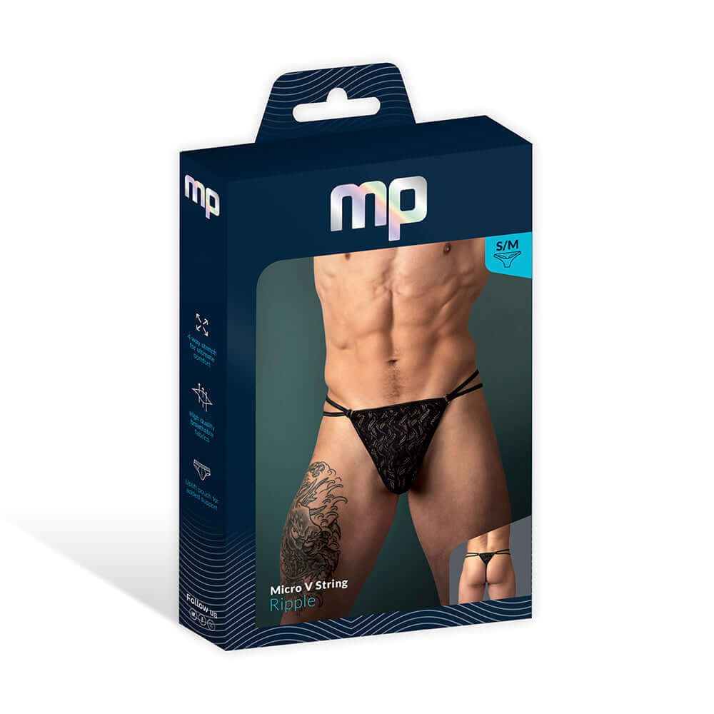 Male Power Ripple Micro V String Black L XL packaging showcasing a sleek design and minimal coverage for comfortable wear.