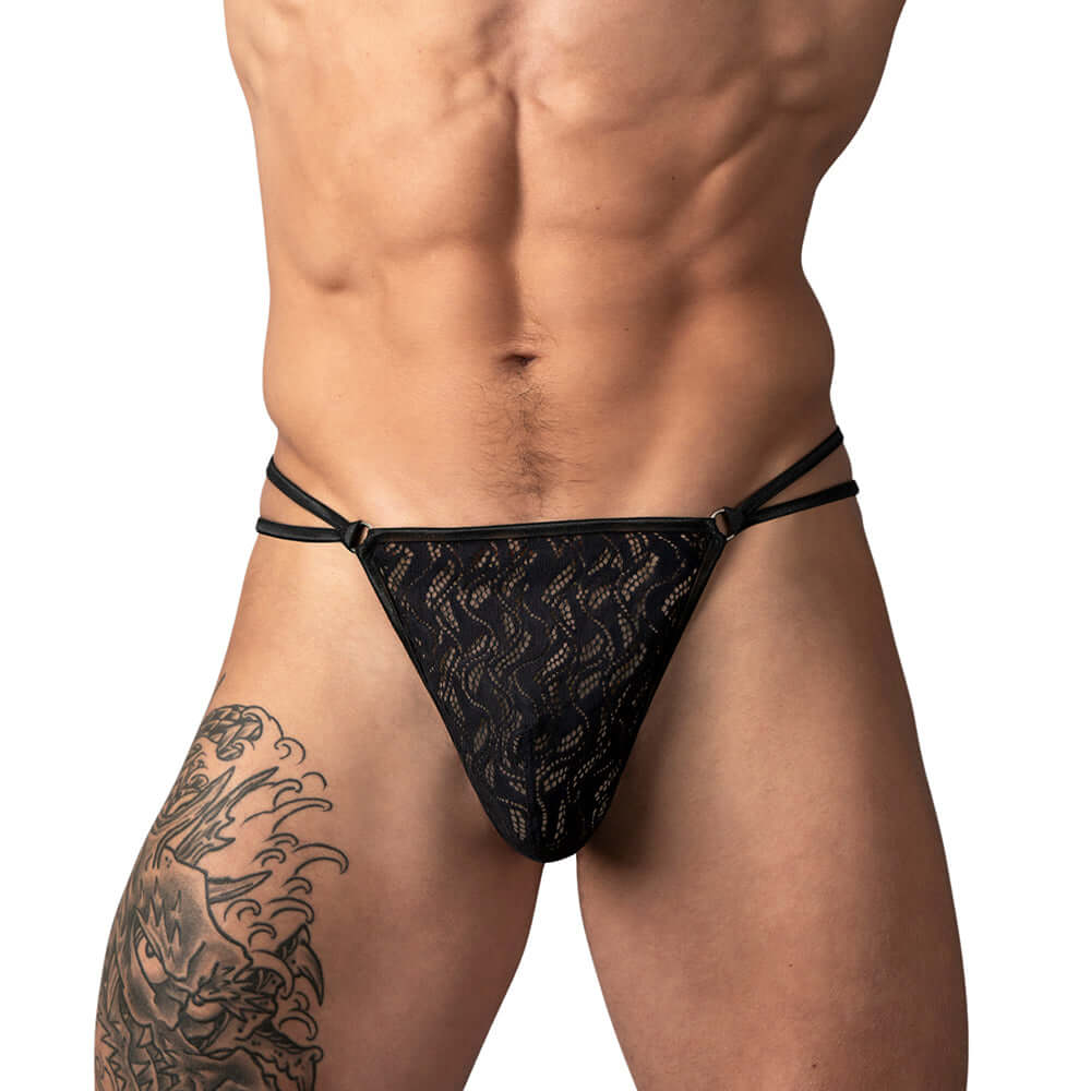 Male Power Ripple Micro V String Black L XL worn by a muscular man, showcasing its sleek minimalist design and comfort.